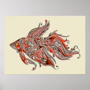 オレンジおよび錆の渦巻形のなファンテールの金魚 ポスター