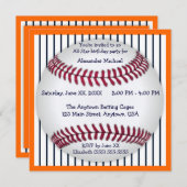 オレンジおよび青の細い縦縞の野球の誕生会 招待状 (正面/裏面)