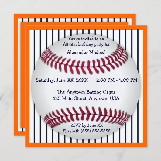 オレンジおよび青の細い縦縞の野球の誕生会 招待状 (正面/裏面)