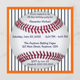 オレンジおよび青の細い縦縞の野球の誕生会 招待状