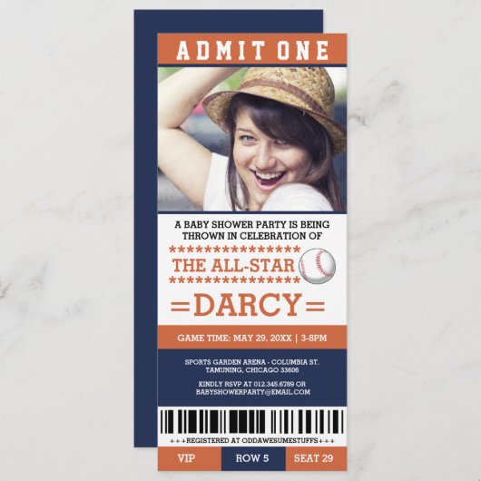 オレンジおよび青の野球のベビーシャワーのパーティーの招待 招待状 (正面/裏面)