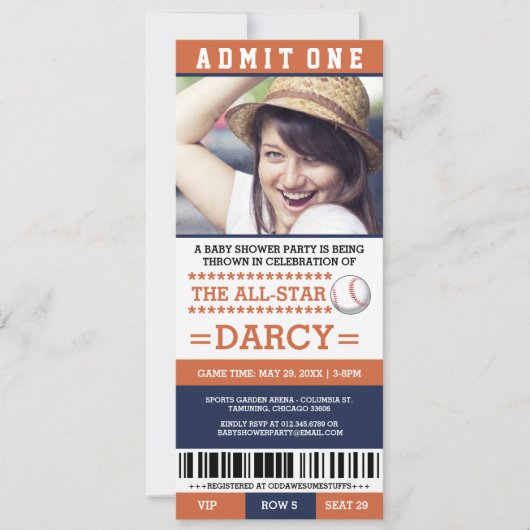 オレンジおよび青の野球のベビーシャワーのパーティーの招待 招待状 (正面)