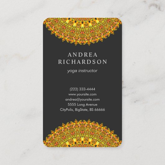 オレンジおよび黄色の調子の花の華美な曼荼羅 名刺 (裏面)