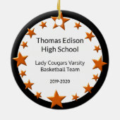 オレンジおよび黒いブルネットの女の子のバスケットボール選手 セラミックオーナメント (裏面)