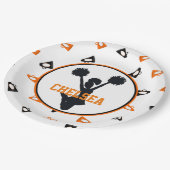 オレンジおよび黒いメガホンのチアリーダーのパーティー ペーパープレート (アングル)