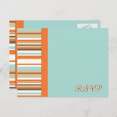 オレンジお洒落とブルーのストライプRSVP インビテーションポストカード (正面/裏面)