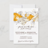 オレンジお洒落色の花は日付を保存招待状 セーブザデート (裏面)