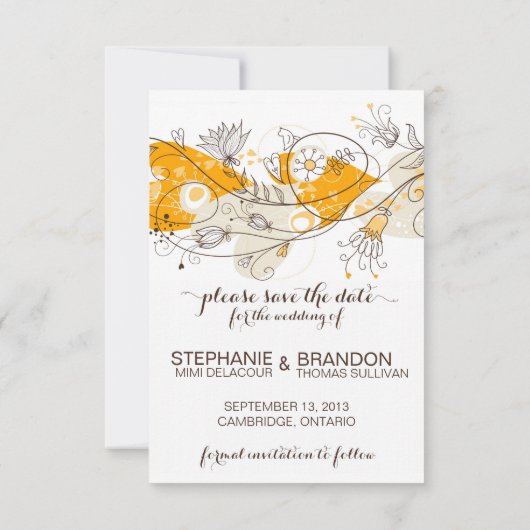 オレンジお洒落色の花は日付を保存招待状 セーブザデート (裏面)