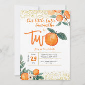 オレンジかわいこちゃんセカンド誕生日金ゴールドグリッター 招待状 (正面)