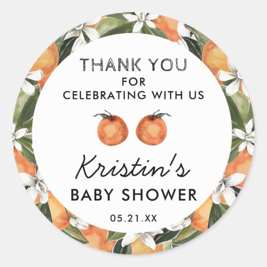 オレンジかわいこちゃんツインズベビーシャワーありがとうお願い ラウンドシール (正面)