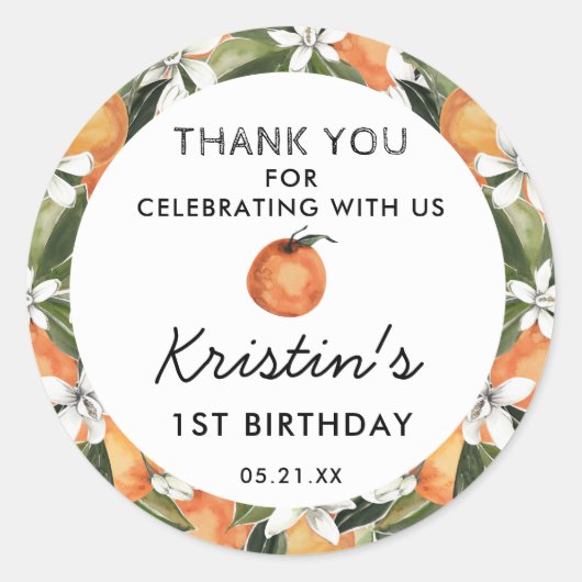オレンジかわいこちゃん1歳の誕生日ありがとう ラウンドシール (正面)
