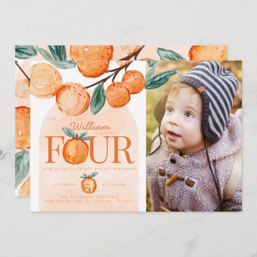 オレンジかわいこちゃん4歳の誕生日パーティー 招待状 (正面/裏面)