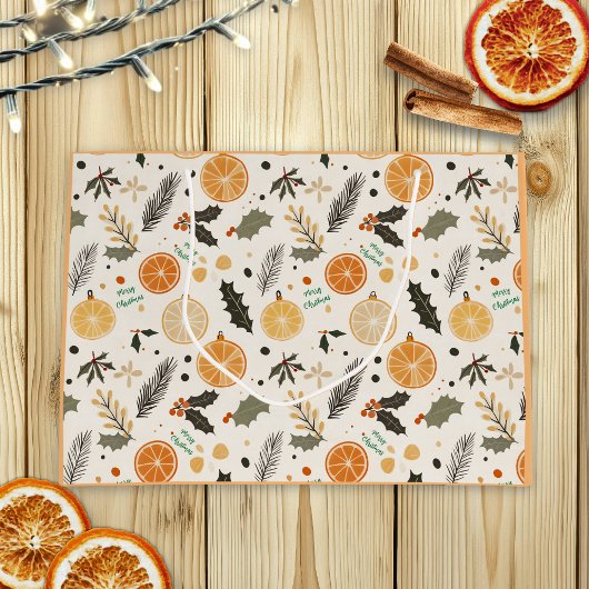 オレンジかわいらしのスライスと松のクリスマス ラージペーパーバッグ