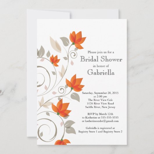 オレンジかわいらしフローラつる植物ブライダルシャワー 招待状 (正面)