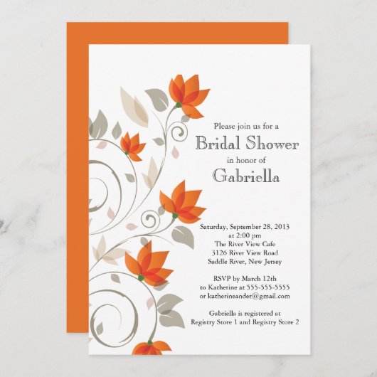 オレンジかわいらしフローラつる植物ブライダルシャワー 招待状 (正面/裏面)