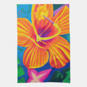 オレンジかわいらし色のハイビスカスクッチンデッキタオル キッチンタオル (縦)