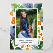 オレンジかわいらし色の水色の果実クリスマスフォト 箔シーズンカード (正面)