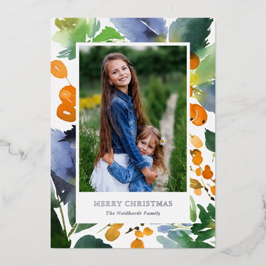 オレンジかわいらし色の水色の果実クリスマスフォト 箔シーズンカード (正面)