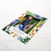 オレンジかわいらし色の水色の果実クリスマスフォト 箔シーズンカード (回転した状態)