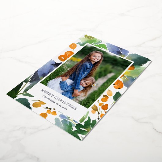 オレンジかわいらし色の水色の果実クリスマスフォト 箔シーズンカード (回転した状態)
