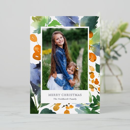 オレンジかわいらし色の水色の果実クリスマスフォト 箔シーズンカード (立ち正面)