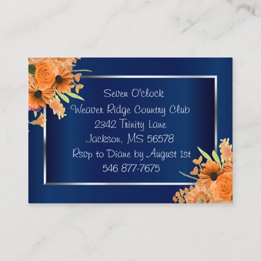 オレンジかわいらし色の花オンネイビーブルー – 披露宴 エンクロージャーカード (裏面)