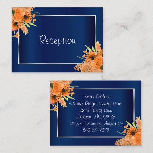 オレンジかわいらし色の花オンネイビーブルー – 披露宴 エンクロージャーカード (正面/裏面)