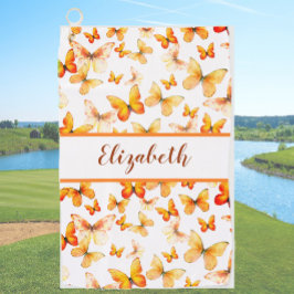 オレンジかわいらし色の蝶と名前をカスタムする ゴルフタオル