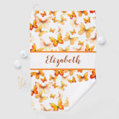 オレンジかわいらし色の蝶と名前をカスタムする ゴルフタオル (インサイチュ)