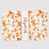 オレンジかわいらし色の蝶と名前をカスタムする ゴルフタオル (横)