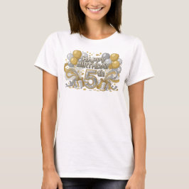 オレンジがトレンディーなHAPPY+BIRTHDAY+5THの3Dテキストアート Tシャツ