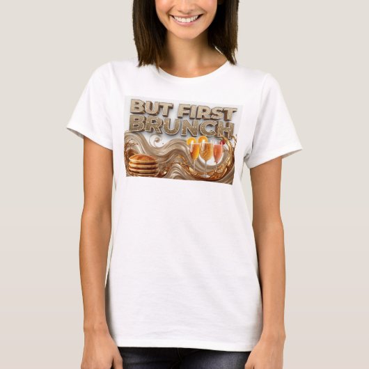 オレンジが映えるBUT FIRST BRUNCHテキストデザイン Tシャツ (正面)