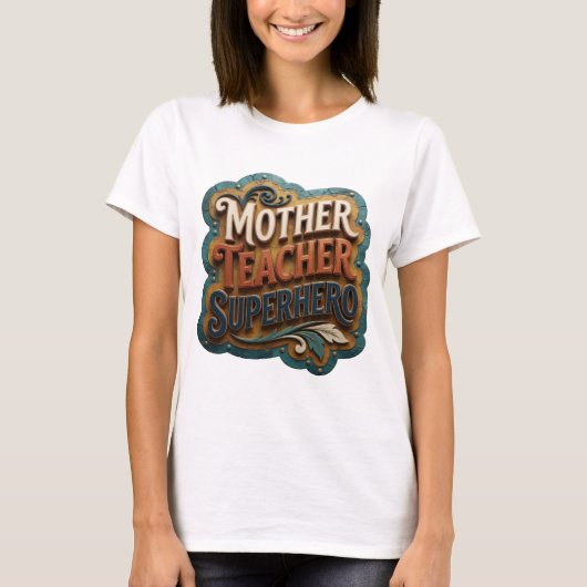 オレンジが映えるMOTHER+TEACHER+SUPERHERO Tシャツ (正面)