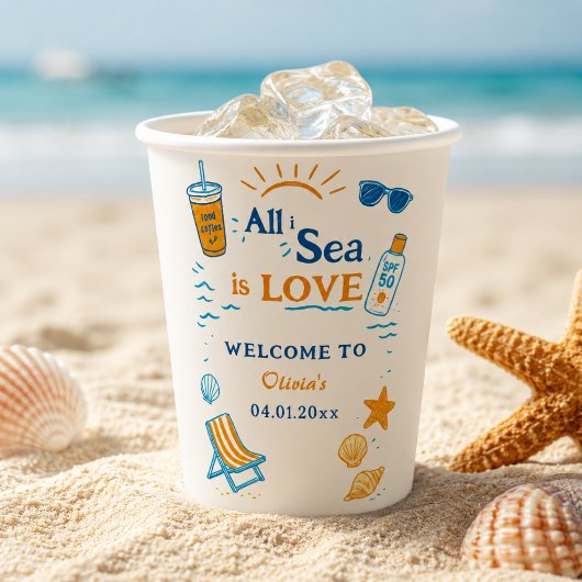 オレンジが鮮やかな「All I Sea Is Love Coastal Bold Beach」デザイ 紙コップ