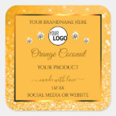 オレンジきらめくグリッター製品ラベルロゴ宝石 スクエアシール (正面)