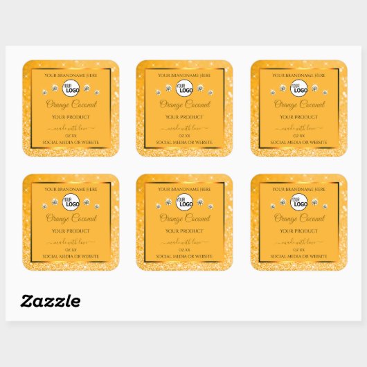 オレンジきらめくグリッター製品ラベルロゴ宝石 スクエアシール (シート)