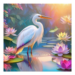 オレンジくちばしの白サギ ファンタジー 鳥 フォトプリント