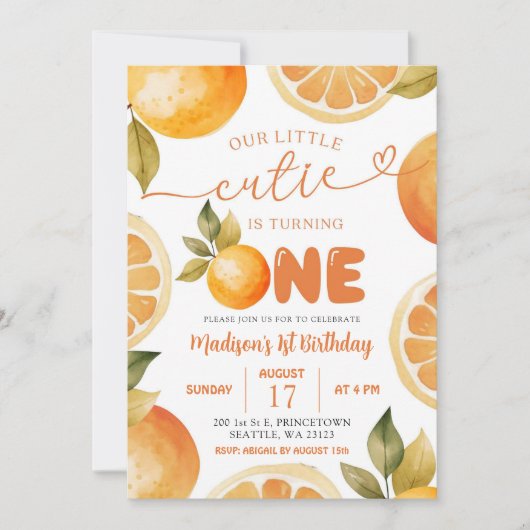 オレンジちゃん 1歳の誕生日 招待状 (正面)