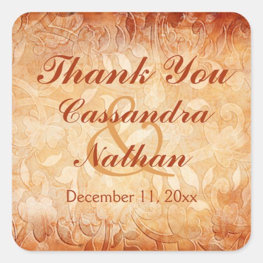 オレンジとアイボリーフローラ結婚式の引き出物シール スクエアシール (正面)