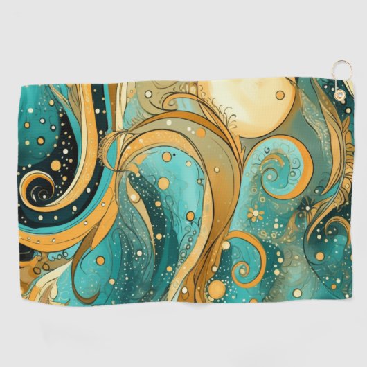 オレンジとアクアの銀河系と月の星と渦巻 ゴルフタオル (横)