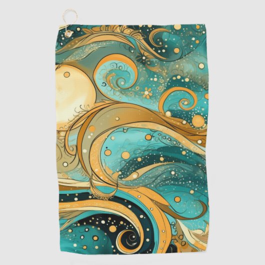 オレンジとアクアの銀河系と月の星と渦巻 ゴルフタオル (正面)
