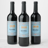オレンジとアクアブルーの花のブライズシャワー ワインラベル (ボトル)