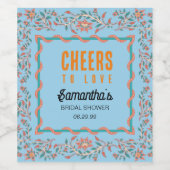 オレンジとアクアブルーの花柄のブライズシャワー ワインラベル (シングルラベル)