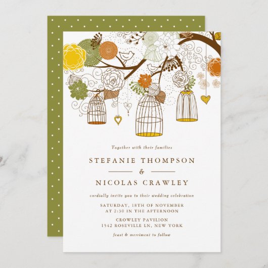 オレンジとイエローのハンギングバードケージウェディング 招待状 (正面/裏面)