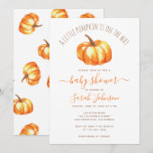 オレンジとイエローの水彩で描かれた小さなかぼちゃの秋のベイビーシャワー 招待状 (正面/裏面)