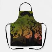 オレンジとオリーブグリーンの墓地幽霊のよく出るハロウィーン エプロン (正面)