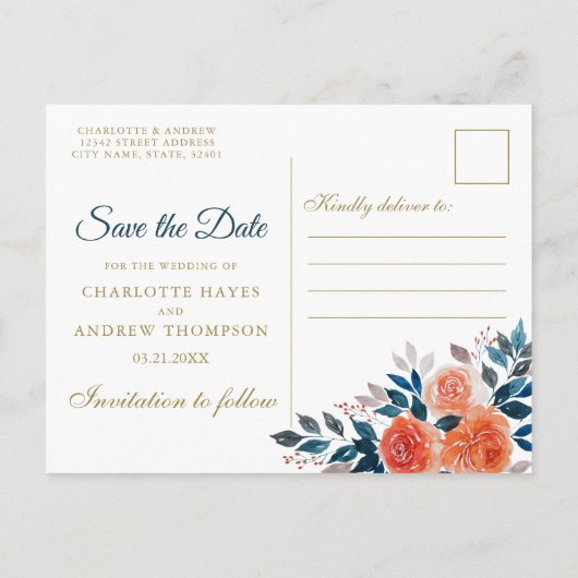 オレンジとクリームの水の色のフローラ日付を保存 案内ポストカード (裏面)