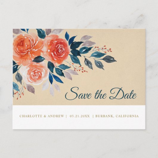 オレンジとクリームの水の色のフローラ日付を保存 案内ポストカード (正面)