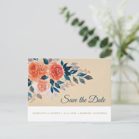 オレンジとクリームの水の色のフローラ日付を保存 案内ポストカード (スタンド正面)