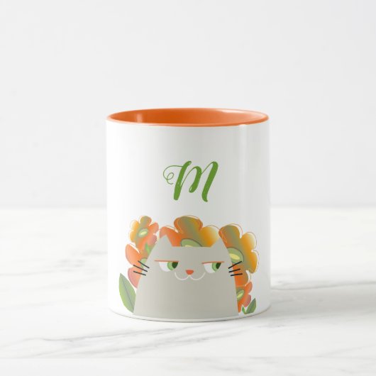 オレンジとグリーンの花柄がキュートな猫のモノグラムマグカップ マグカップ (中央)